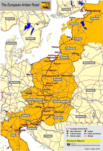 Mapa jantarové stezky, DI Richard Resch / Copyrighted free use, https://commons.wikimedia.org/wiki/File:Amber_Road.jpg