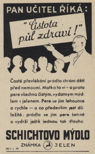 Dobová reklama na Schichtovo mýdlo s jelenem v časopise Nové pařížské módy z r. 1932     Unknown author / Public domain