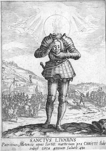 Bezhlavý rytíř, Jacques Callot (17. st.). Licence: Public domain, https://upload.wikimedia.org/wikipedia/commons/e/e5/Saint_Livier_par_Jacques_Callot.jpg